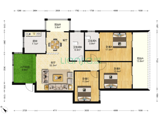 金山佳园 3室1厅2卫 125平方