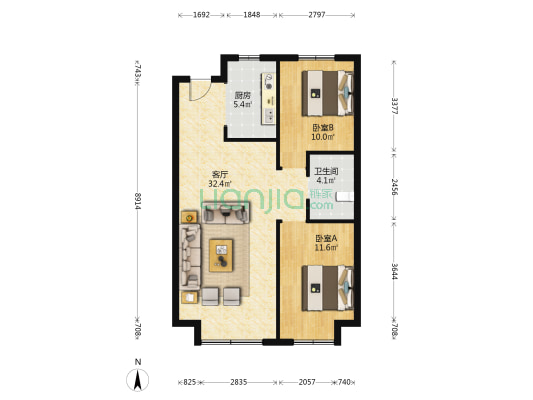 力旺康城五期 2室1厅1卫 88平方