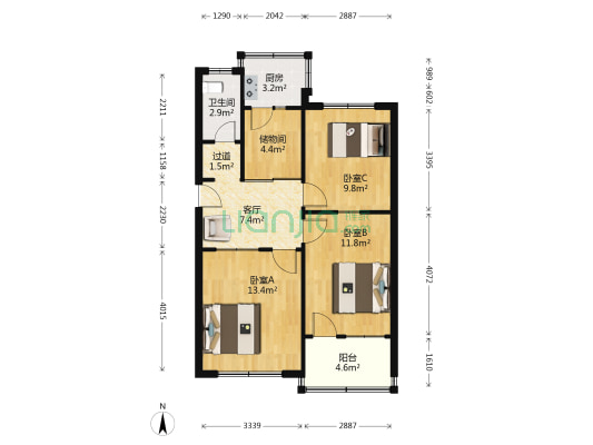 苹果园小区 3室1厅1卫 69平方