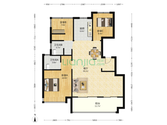 通和伟星翡翠印 3室1厅2卫 130平方
