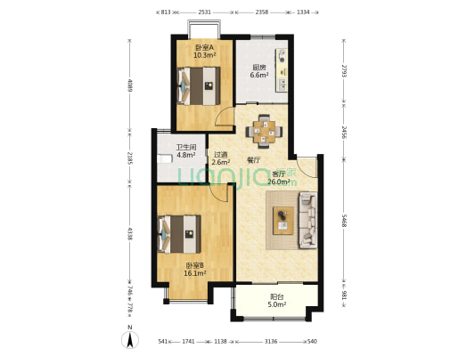 书香门第 2室1厅1卫 90平方
