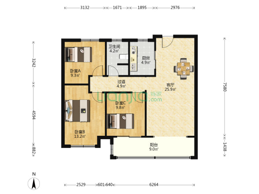 中南恒通和平府 3室1厅1卫 105平方