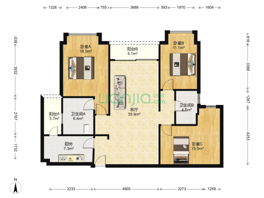 保利红珊瑚花园 3室1厅2卫 130平方