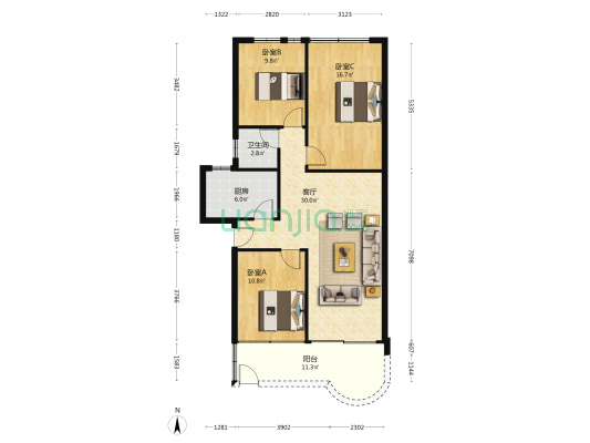 民政学校宿舍 3室1厅1卫 95平方