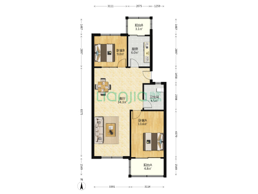 北岭山花园 2室1厅1卫 93平方