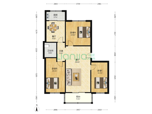 财源花苑 3室2厅1卫 115平方
