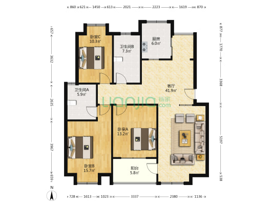 金泰花园 3室1厅2卫 121平方