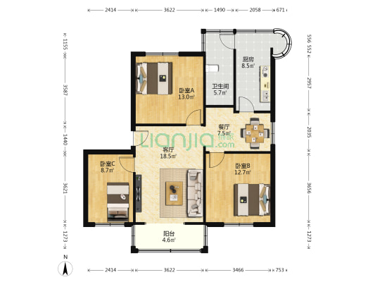 市中医院宿舍 3室2厅1卫 93平方