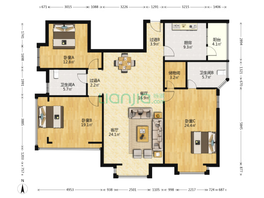康河郦景三期 3室2厅2卫 157平方