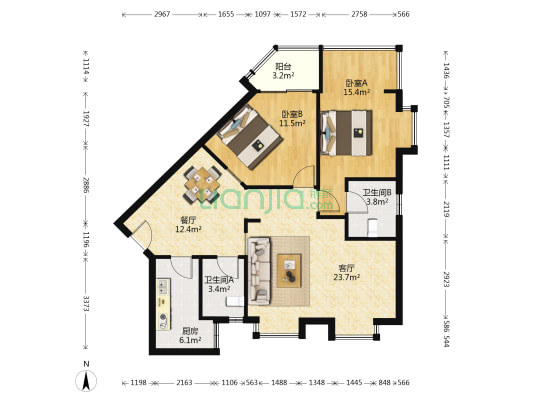 华景新城华门阁 2室2厅2卫 92平方