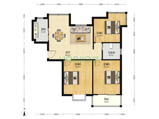 中诚信·黄金海岸 3室1厅1卫 118平方