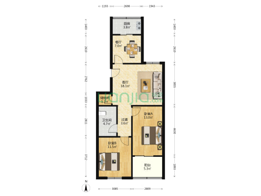 饮马池4号院 2室2厅1卫 90平方