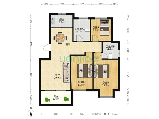 洁芳小区 3室1厅2卫 98平方