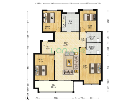 伟星国宾台 4室1厅2卫 148平方