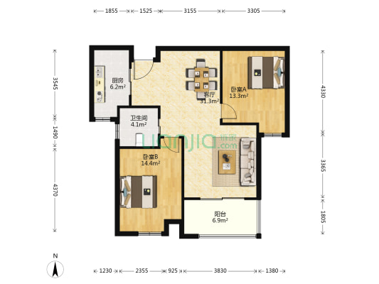 中环紫郡 2室1厅1卫 94平方
