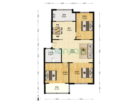 裕华小区 3室2厅1卫 107平方