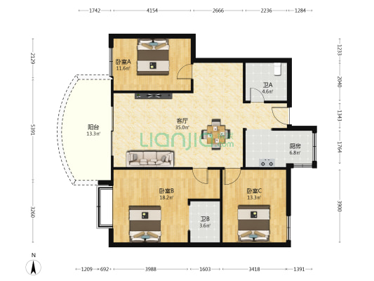 丽景苑(南岸) 3室1厅2卫 120平方