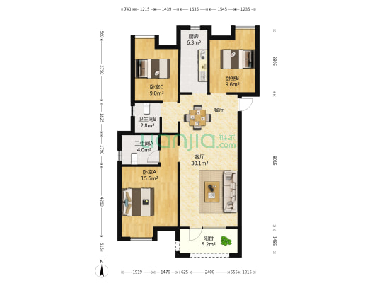金地悦江时代骊湾区 3室1厅2卫 114平方