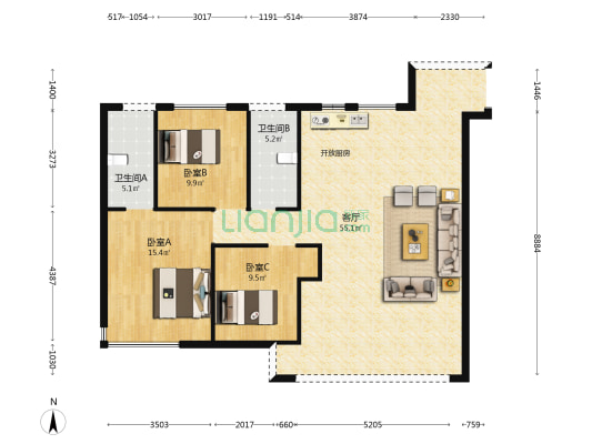连江中茵天俊玖珑台 3室1厅2卫 107平方