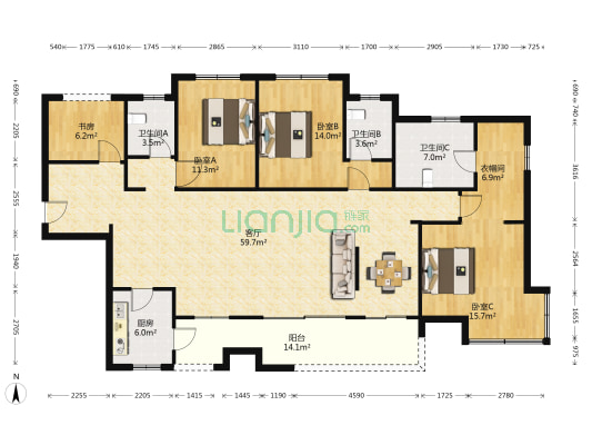 公园九里1期玖悦 4室1厅3卫 166平方