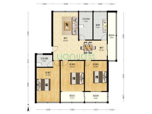虹桥北路6号院 3室2厅2卫 110平方
