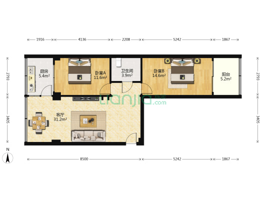 筑美家园 2室1厅1卫 78平方