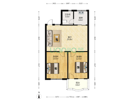 电子信息学院宿舍 2室1厅1卫 78平方