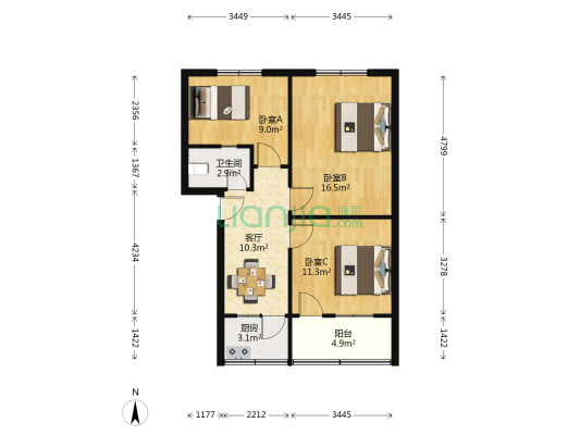 食品宿舍 3室1厅1卫 67平方