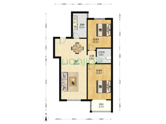 范阳路 成熟小区 公园壹号 简装两居室 双 语-户型图