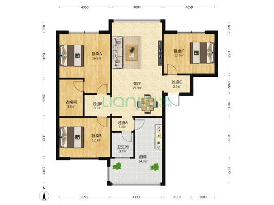 迎宾商住楼 3室1厅1卫 122平方