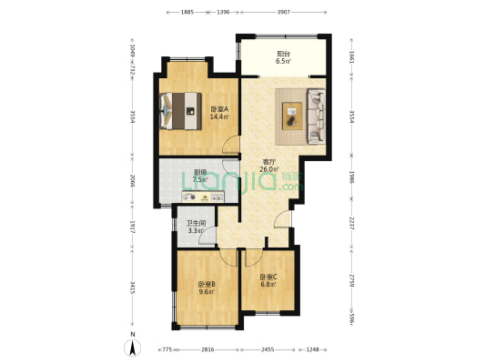时代领峯峯悦 3室1厅1卫 95平方