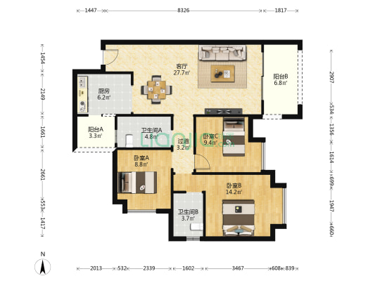 优佳国际 3室1厅2卫 110平方