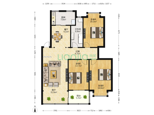 文化大道 3室2厅1卫 133平方