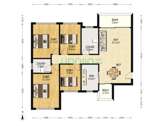 华府国际花园 4室1厅2卫 114平方
