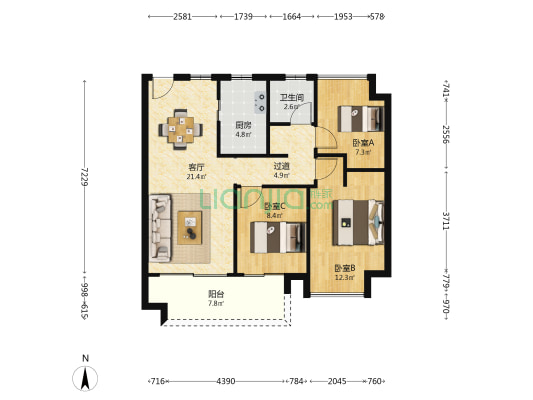 西岸春风 3室1厅1卫 85平方