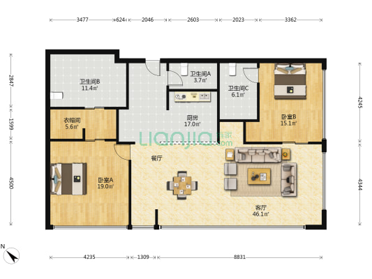 四季汇 2室1厅3卫 212平方