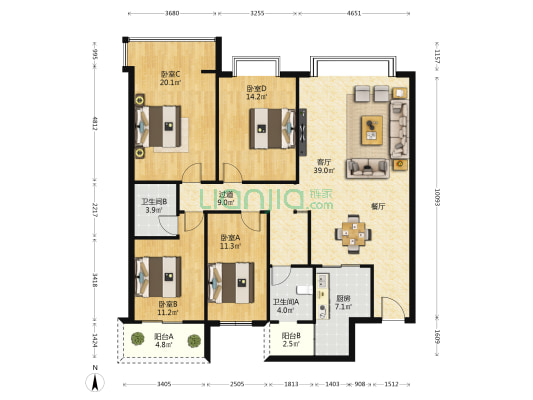 厢竹大道33号 4室1厅2卫 147平方
