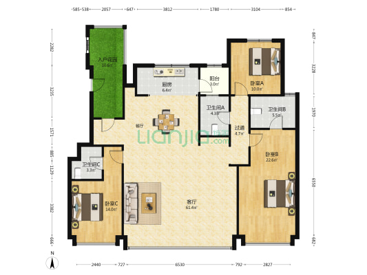 金泰观澜府 3室1厅3卫 175平方