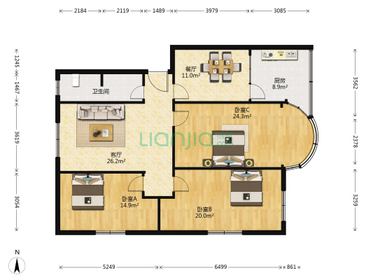 西司广场 3室2厅1卫 141平方
