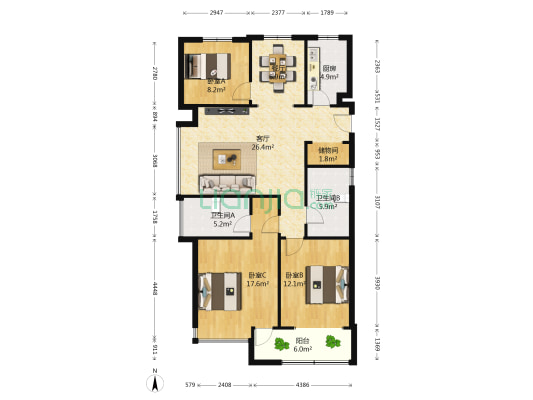 城投汉邦广场书香雅苑 3室2厅2卫 122平方