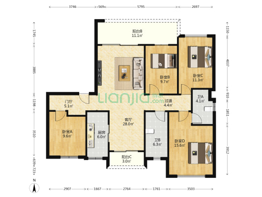 美的观澜府 4室1厅2卫 141平方