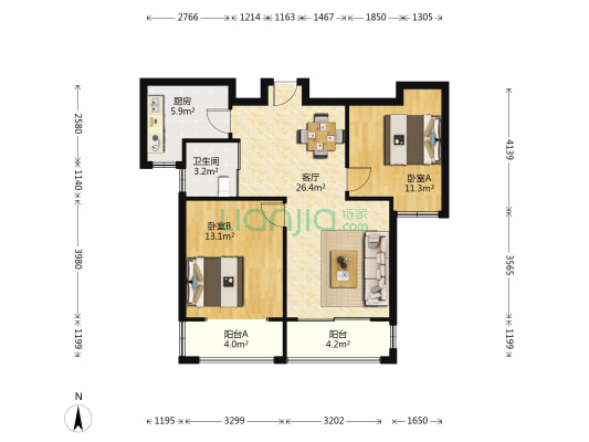 金域蓝湾三区 2室1厅1卫 86平方