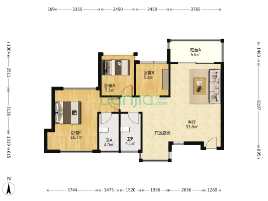 富凯国际公馆 3室1厅2卫 87平方