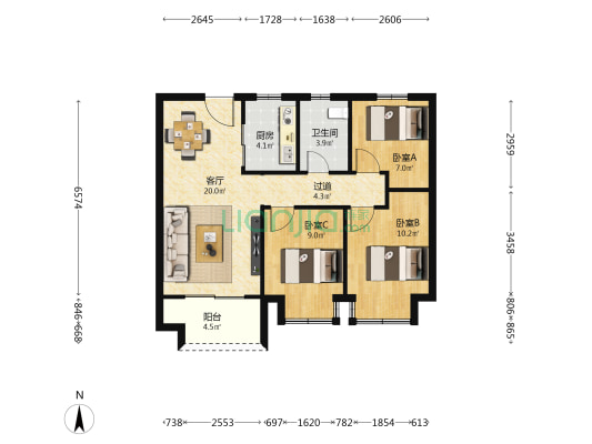 鸿海润园 3室1厅1卫 89平方