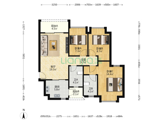恒大滨江左岸 3室1厅2卫 95平方
