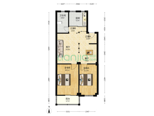 市建委宿舍 2室2厅1卫 89平方