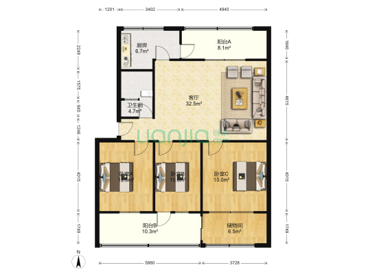 物资局家属院(魏都区) 3室1厅1卫 115平方