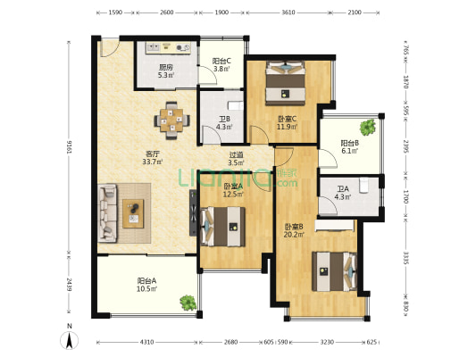 恒大美丽沙天泽湾 3室1厅2卫 131平方