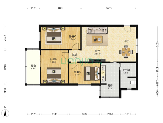 陕西省果树研究所 3室1厅1卫 103平方