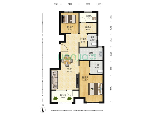 昆仑樾 2室1厅2卫 87平方